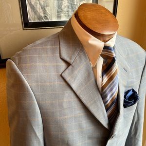 Marzotto Sartoriale Fine Italian Wool Light Blue Windowpane Jacket Size 40R